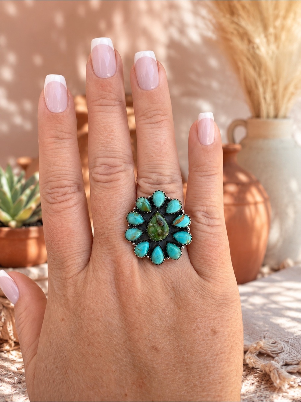 Turquoise Cluster Statement Ring - Green/Blue Gemstones Sterling - Picture 3 of 6